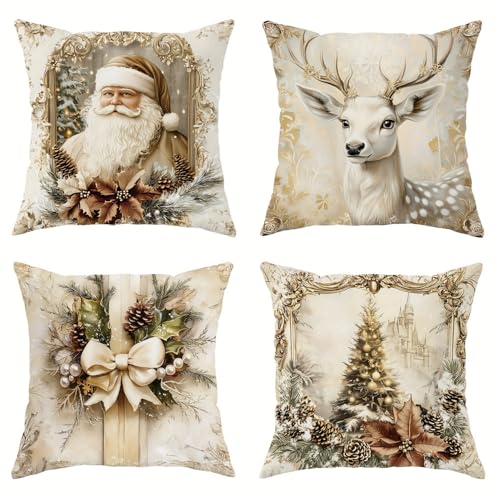 NSSHEL 4 Pcs Christmas Throw Pillow Covers - Santa, Xmas Tree & Elk Designs, 18x18 Inch, Short Plush, Single-Sided Print, Style 2