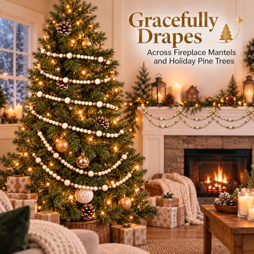 CRTEPST 2-Pack Christmas Wood Bead Garland 24 ft, Gold Wooden Beads, Rustic Boho Holiday Decor