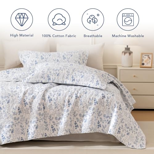 Floral King Pillow Shams Set of 2, 20x36 Blue and White Quilted Cotton