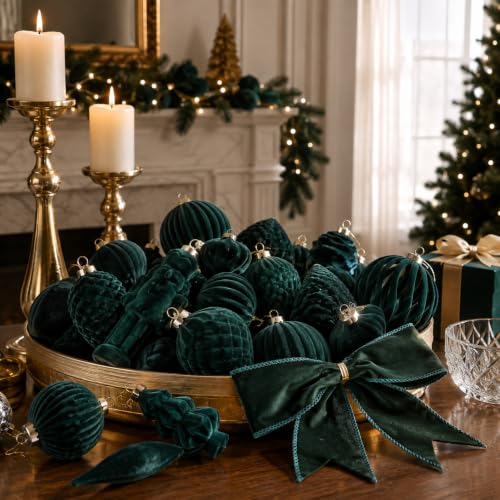 42Pcs Velvet Green Christmas Ball Ornaments Set, Flocked Shatterproof Xmas Ornaments