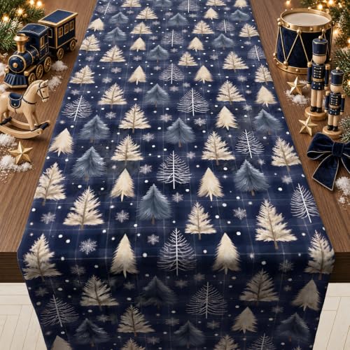 OHOME Navy Blue Xmas Tree Snowflake Winter Table Runner - Christmas Decorations, 73x13 inches, Festive Table Decor