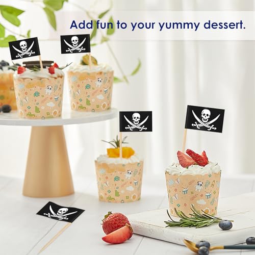 AhfuLife Pirate Flag Toothpicks 100 Pcs - Mini Pirate Cupcake & Food Decorations - Halloween Party Supplies (Variation: 100 / Pirate)