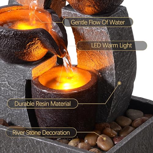 Tabletop Water Fountain with LED Lights - Indoor Waterfall Desk Decor