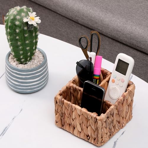 3-Compartment Wicker Remote Control Holder - Hand-Woven Water Hyacinth Desk Organizer