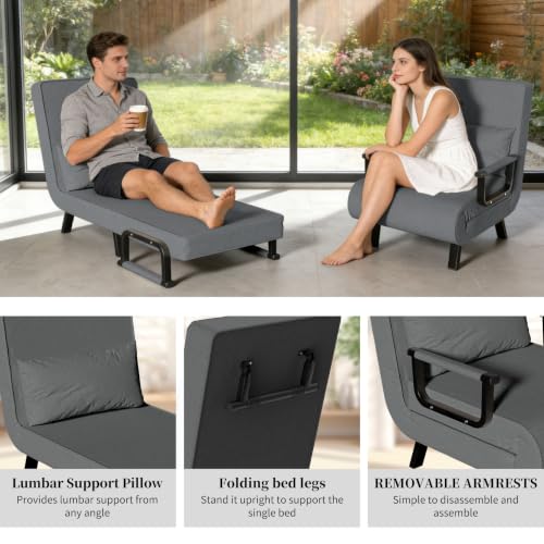 4-in-1 Convertible Sofa Bed, Adjustable Single Sleeper Chair with Pillow