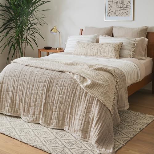 Calm White Beige Stripe King Duvet Cover - Cotton-Linen Blend