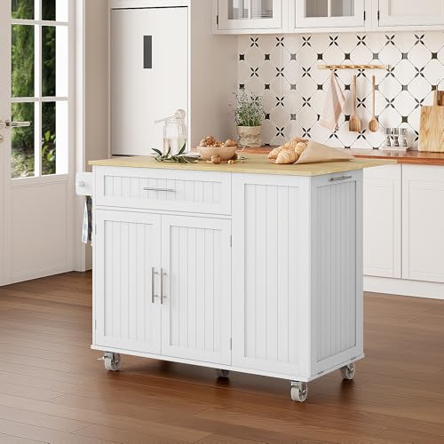 Rolling Kitchen Island with Drop Leaf, Trash Can Storage and Rubberwood Top