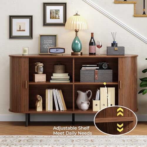 55" Fluted Buffet Sideboard with Sliding Door and Adjustable Shelf, Walnut