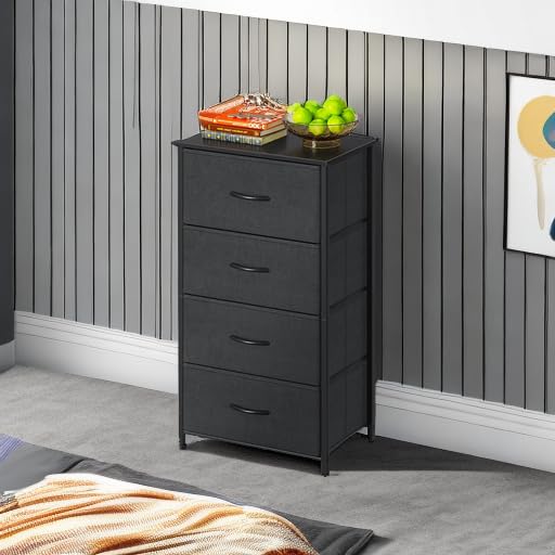 Small 4-Drawer Fabric Dresser with Wood Top & Steel Frame, Black