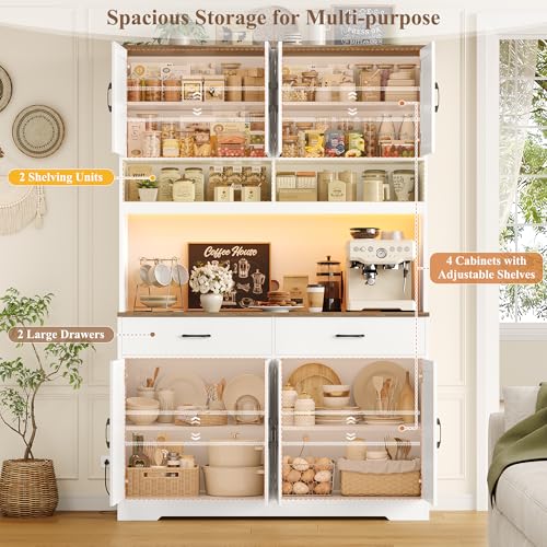 75" Tall Kitchen Pantry Cabinet with Charging Station and LED Lights
