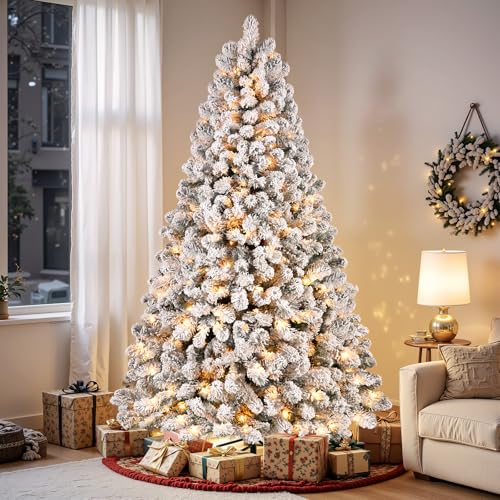 Snow Flocked Artificial Christmas Tree 7.5ft with Warm Lights & Hinged Branches - White