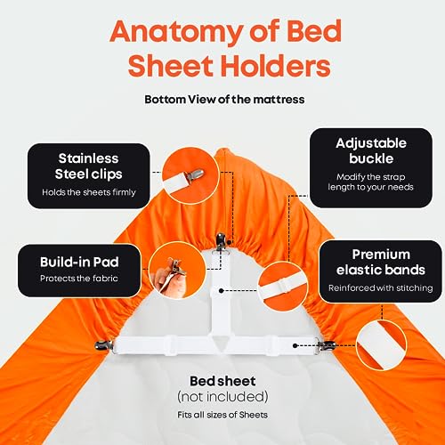 White Bed Sheet Straps Set - 4 Adjustable Elastic Fitted Sheet Holders