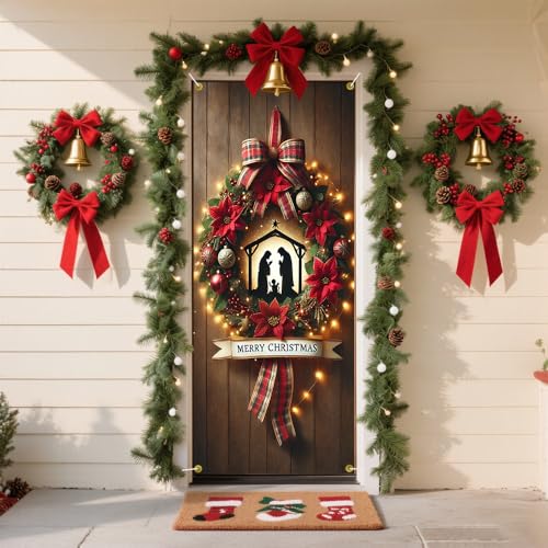 Christmas Nativity Scene Door Cover with Poinsettia Plaid Bow - Colorful B618