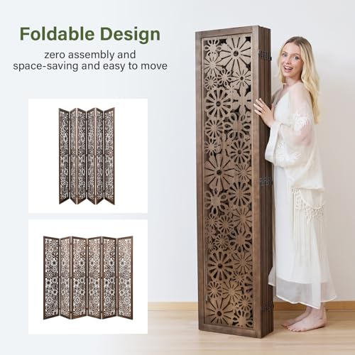6-Panel Folding Wood Room Divider, 5.6ft Tall Daisy-Carved Privacy Screen