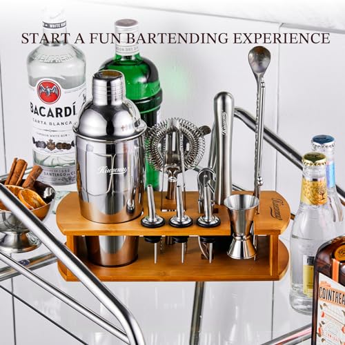 KITESSENSU 15-Piece Cocktail Shaker Set with Stand - Silver Bartender Kit