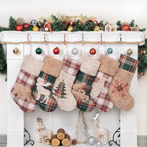 6 Pack 20-Inch Christmas Stockings, Rustic Farmhouse Plaid Holiday Decor