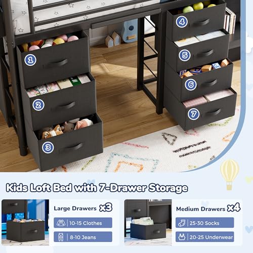 Twin Low Loft Bed with Desk, Storage Drawers, LED Lights & Play Curtain