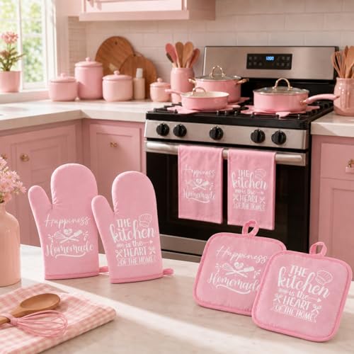 6-Piece Pink Kitchen Decor Set: Oven Mitts, Pot Holders, and Dish Towels
