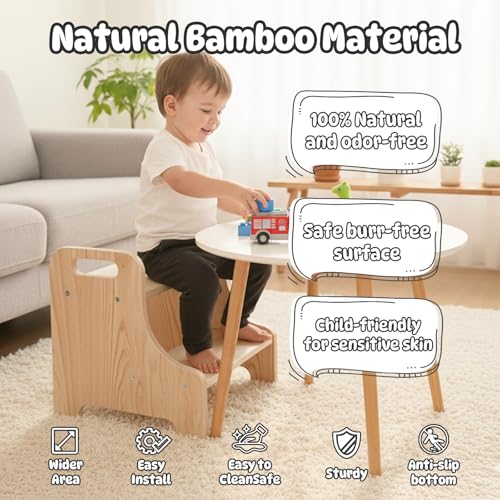2-Step Toddler Stool with Handles - Wooden Kitchen Helper & Potty Stool