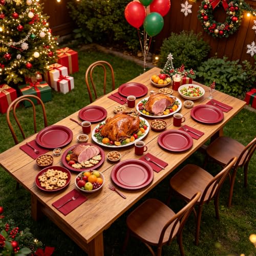 9 Inch Burgundy Paper Plates and Napkins Set for Birthday & Holiday Parties - 50 Sets, Includes Forks