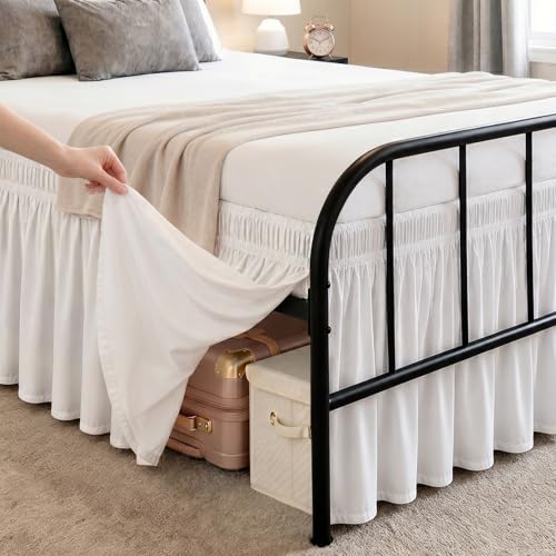 Queen Bed Skirt 15 Inch Drop - Elastic Wrap Around Dust Ruffle, White