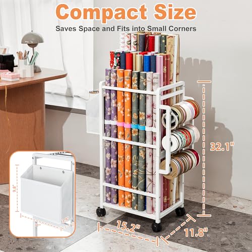 Rolling Gift Wrapping Paper Storage Cart with Adjustable Rods