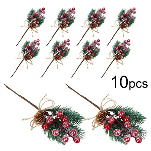 10-Pack Glitter Christmas Berry Picks with Pine Branches and Cones for Wreaths & Decor