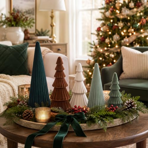 Leinuosen Velvet Ceramic Christmas Trees (Set of 5) - Green Assorted Sizes