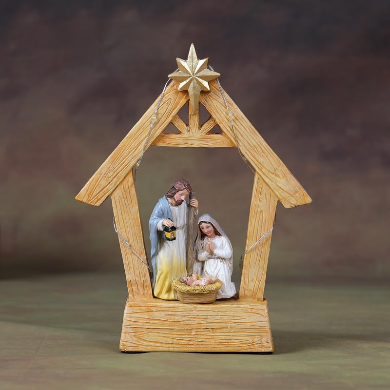 7.3-Inch LED Lighted Nativity Set - Hand-Painted Resin Holy Family Statue