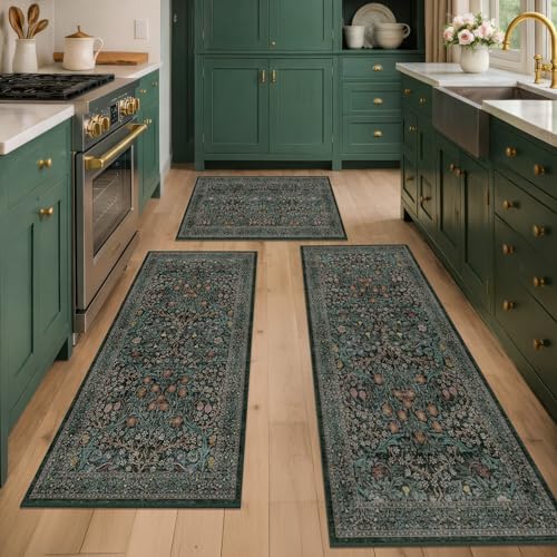 3-Piece Vintage Botanical Kitchen Rug Set, Washable Non-Slip Floor Mats
