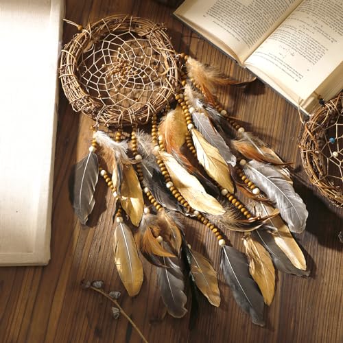 Boho Rattan Dream Catcher Wall Decor with Feathers and Wood Beads