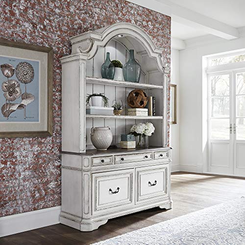 Magnolia Manor Filing Credenza and Hutch with Touch Lighting - Antique White
