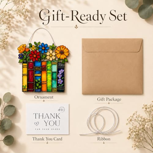 Book Lover Ornament, Acrylic Floral Book Suncatcher for Reading Enthusiasts