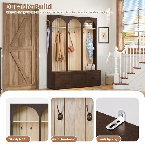 Farmhouse Hall Tree with Shoe Bench, 3 Drawers and 8 Coat Hooks, Walnut