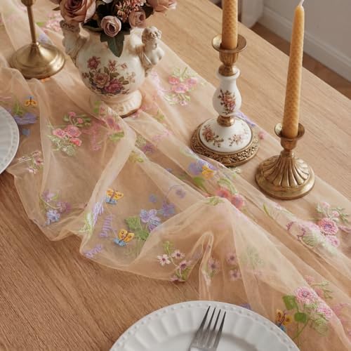Champagne 6-Pack Floral Embroidered Table Runners 10ft Wedding Baby Shower 23.6 x 120 inches
