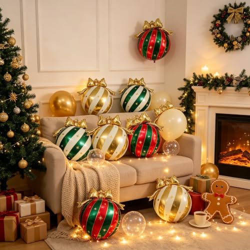 Christmas Bauble Balloon Set 6Pk – Red Green White & Gold Striped 28x31" Aluminum Foil Decor