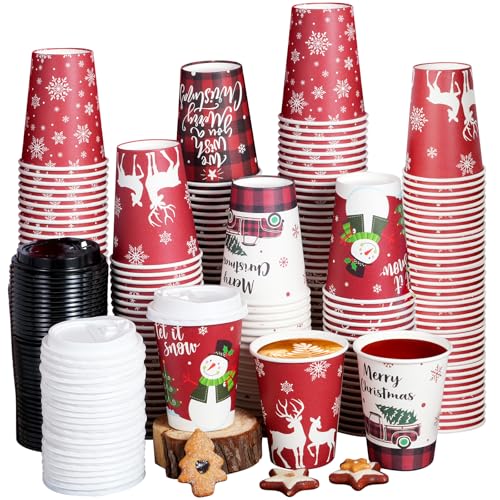 200 Pcs Christmas Paper Cups with Lids - 12 oz Snowflake Snowman Elk Design