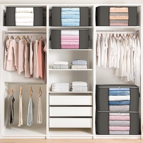 90L Large Clothing Storage Bags 6-Pack Foldable Closet Organizers with Reinforced Handles and Clear Window