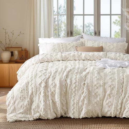 Bedsure Boho Tufted Queen Duvet Cover Set - 3 Piece Soft Beige Bedding Set