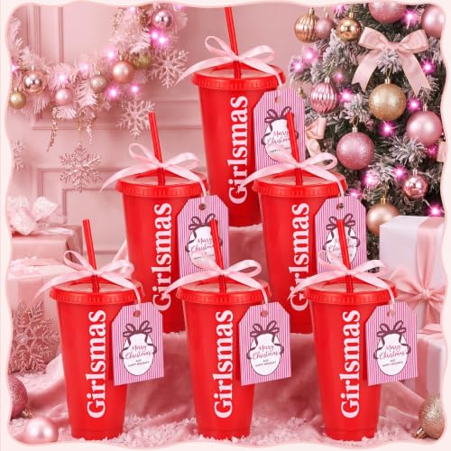 Potchen 6 Pack Girlsmas Christmas Plastic Cups with Lids, Straws, Pink Tags & Ribbon – 24oz