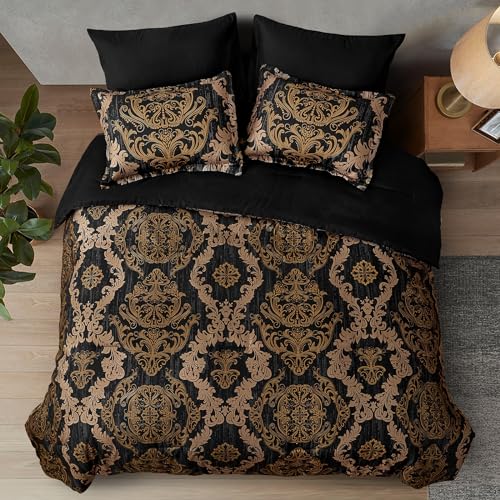 Black Gold Damask Comforter Set Queen Size - 7 Piece Bed in a Bag
