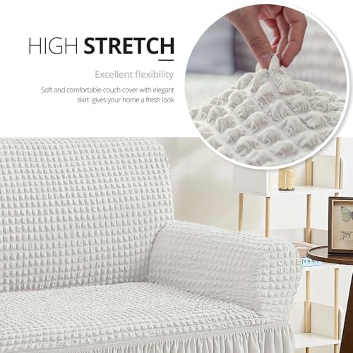 Ivory Stretch Sofa Cover with Skirt | Durable Slipcover for 3-Seater