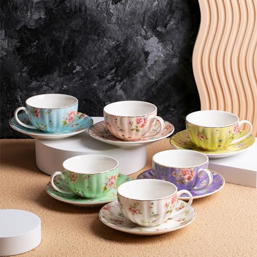 Pastel Blooms Floral Porcelain Tea Cups Set of 6 – Rose Teacups for Tea Party