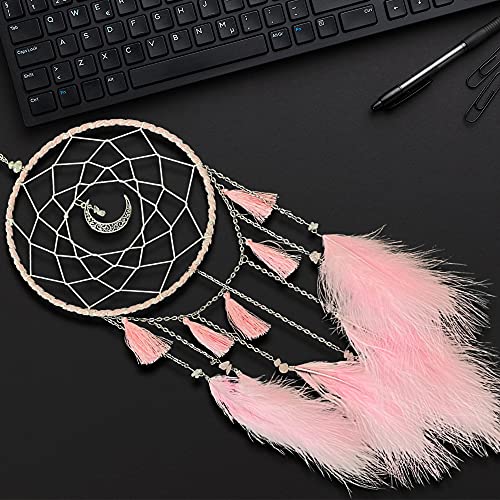 Handmade Pink Feather Dream Catcher Wall Hanging for Bedroom Nursery Decor
