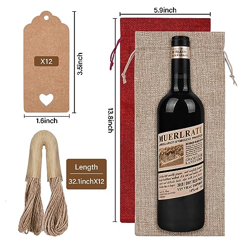 Reusable Burlap Wine Gift Bags with Drawstrings & Tags - 12 Pack (750ml)