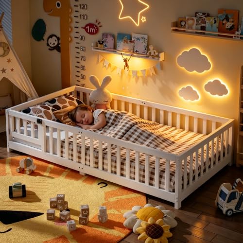 Twin Montessori Floor Bed Frame with Safety Rails and Door, White