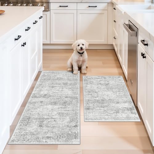 2-Piece Non-Slip Kitchen Rug Set, Washable Farmhouse Floor Mats (Grey Ivory)