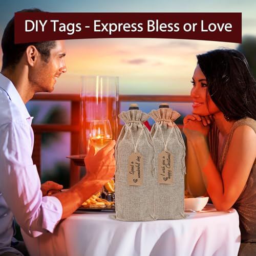 12-Pack Burlap Wine Gift Bags with Drawstring, Tags, and Jute Rope