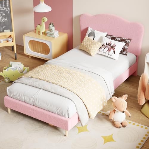 Twin Upholstered Platform Bed Frame with Scallop Headboard, Pink Berber Fleece