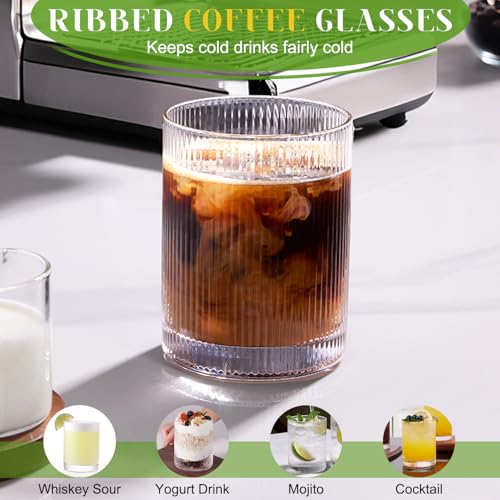 8-Piece Ribbed Glassware Set, 17oz Highball and 12oz Rocks Drinking Glasses